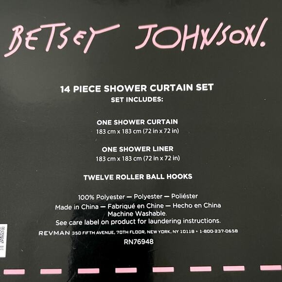 14pc Betsey Johnson Pink BATS Halloween Shower Curtain Hooks Liner Set 72x72 NEW - Picture 5 of 8